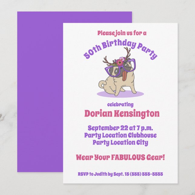 Invitación Cute Boho Floral Hippie Fabulous 50 cumpleaños (Anverso / Reverso)
