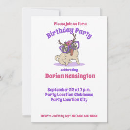 Invitación Cute Boho Floral Hippie Pug Cualquier Año Cumpleañ