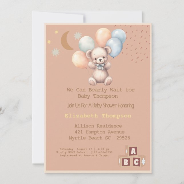 Invitación Cute Boho Teddy Bear Globons Baby Shower (Anverso)