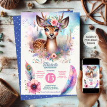Cute Boho Watercolor Woodland Deer Birday Party