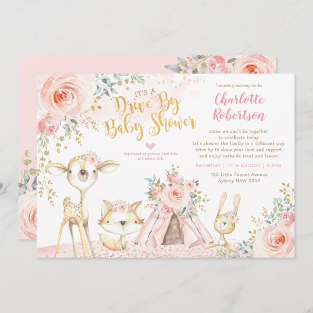 Invitación Cute Boho Woodland Drive De Chica Baby Shower (Anverso / Reverso)