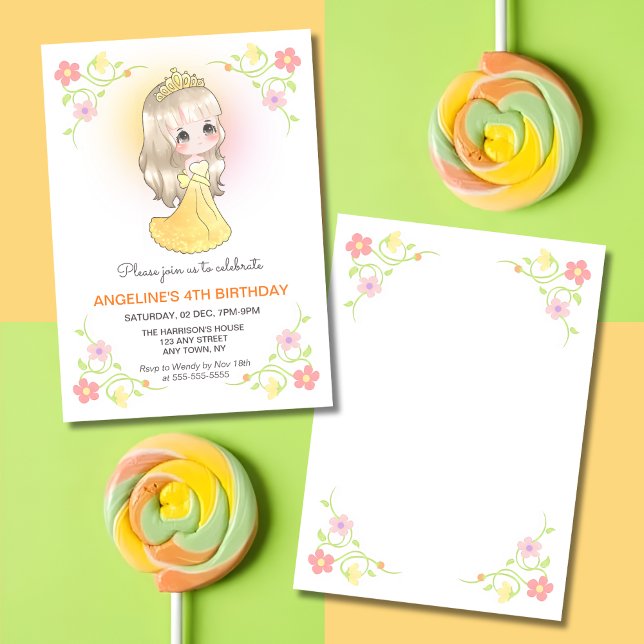 Invitación Cute Bonito Princesa Naranja Vestido Floral Cumple (Subido por el creador)