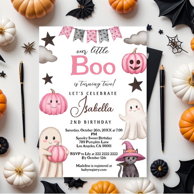 Invitación cute boo party pink ghost – Halloween 2nd birthday (Subido por el creador)