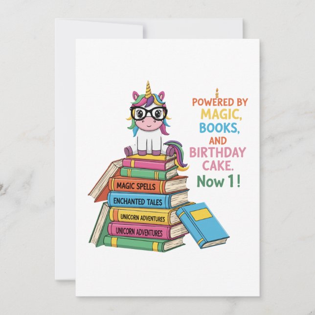 Invitación Cute Bookworm Unicorn 1er Cumpleaños | Magical Rea (Anverso)