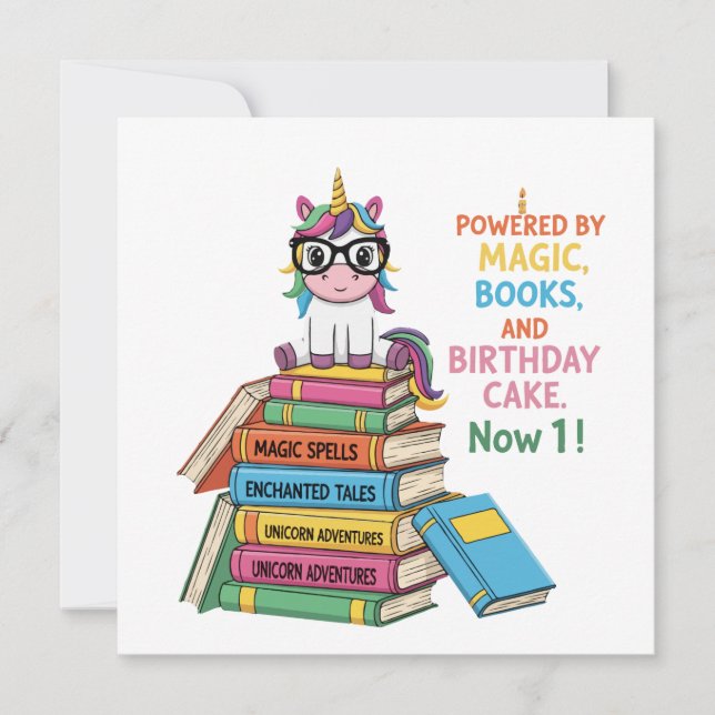 Invitación Cute Bookworm Unicorn Cumpleaños 1 | Magical Readi (Anverso)