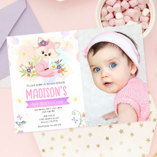 Invitación Cute Bosque Floral Zorra Niña Cumpleaños 1 Foto