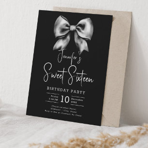 Invitación Cute Bow Coquette Script Sweet 16 Fiesta Negro
