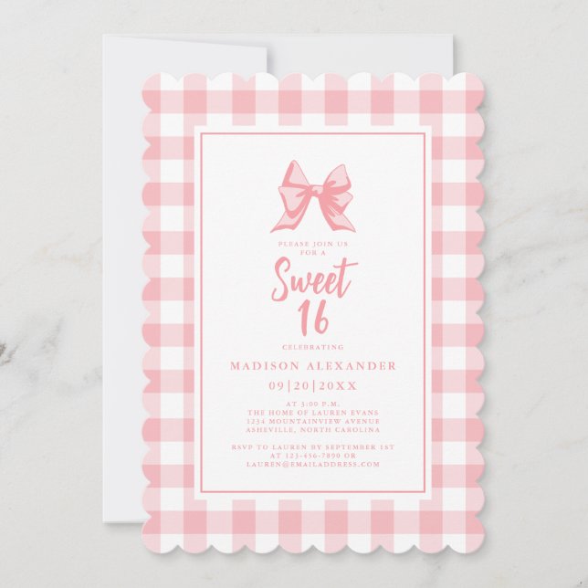 Invitación Cute Bow Pastel Blanco Rosa Gingham Check Cumpleañ (Anverso)