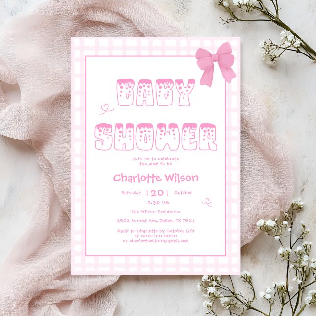 Invitación Cute Bow Pastel Rosa Gingham Baby Shower (Subido por el creador)