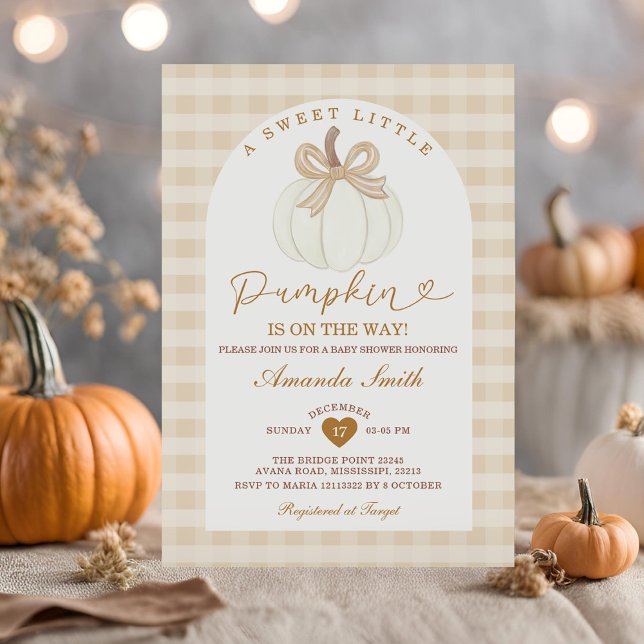 Invitación Cute Bow Sweet Little Pumpkin Gingham Baby Shower (Subido por el creador)