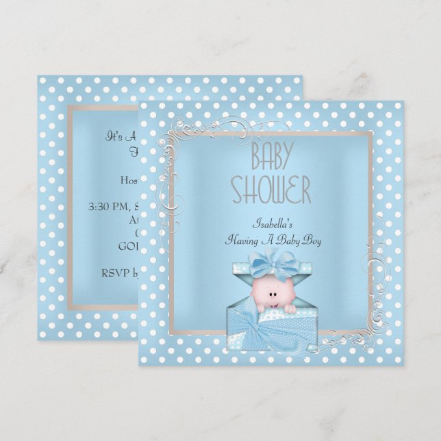 Invitación Cute Boy Baby Shower Blue White Polka Dots (Anverso / Reverso)