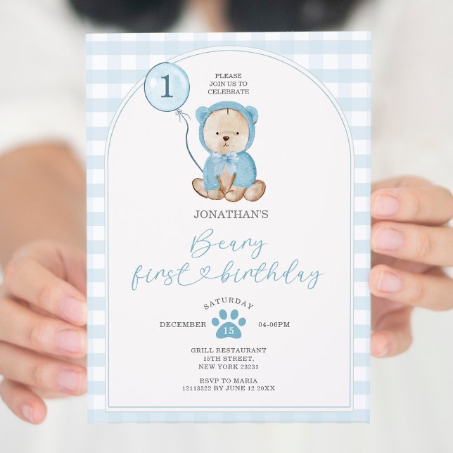 Invitación Cute Boy Blue Gingham Balloon Beary First Birday (Subido por el creador)