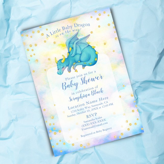 Invitación Cute Boy Blue Gold Dragon Baby Shower (Subido por el creador)