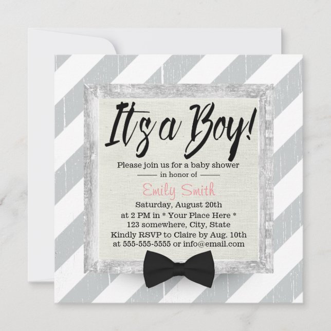 Invitación Cute Boy Bow Tie Rayas Gris Luminosas Baby Shower (Anverso)