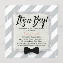 Invitación Cute Boy Bow Tie Rayas Gris Luminosas Baby Shower