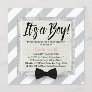 Invitación Cute Boy Bow Tie Rayas Gris Luminosas Baby Shower