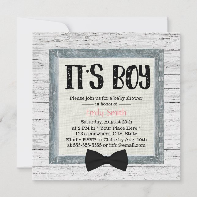 Invitación Cute Boy Bow Tie Rustic Wood Baby Shower (Anverso)