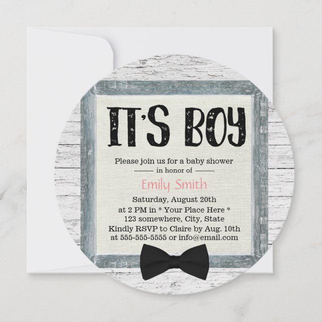 Invitación Cute Boy Bow Tie Rustic Wood Baby Shower (Anverso)