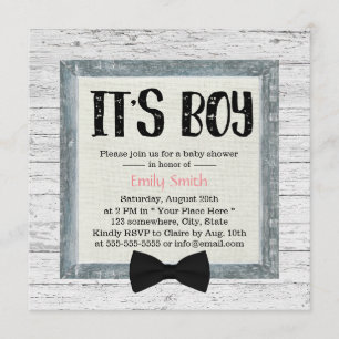 Invitación Cute Boy Bow Tie Rustic Wood Baby Shower