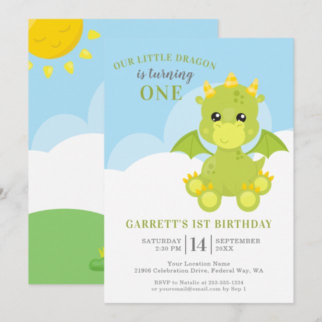 Invitación Cute Boy Dragon 1er cumpleaños (Anverso / Reverso)