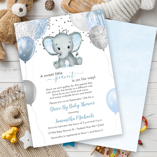 Invitación Cute Boy Elephant Balloons Drive De Baby Shower (Cute Boy Elephant Balloons Drive By Baby Shower Invitation)