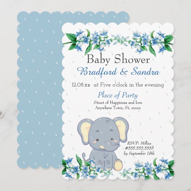 Invitación Cute Boy Elephant Blue Floral Baby Shower (Anverso / Reverso)