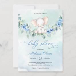 Invitación Cute boy elephant Dusty Blue flowers Eucalyptus