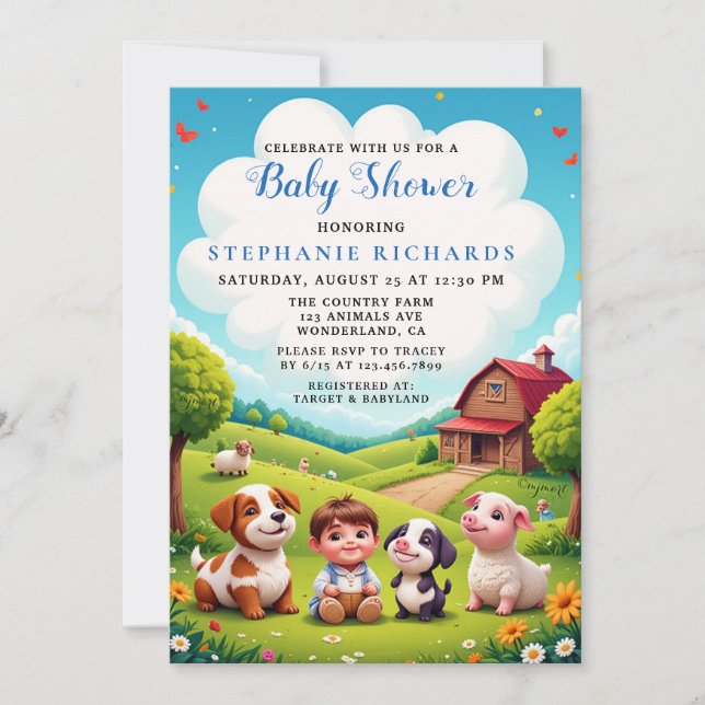 Invitación Cute Boy Farm Animals Baby Shower (Anverso)