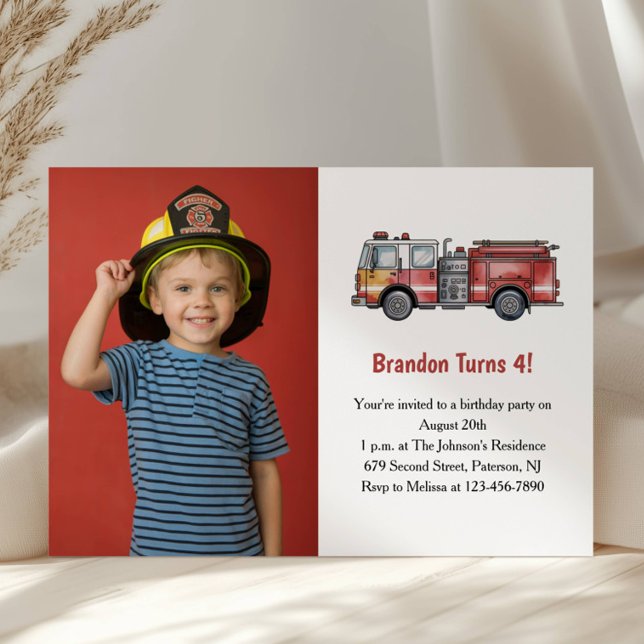 Invitación Cute Boy Firefighter Photo Kids 4th Birthday Party (Subido por el creador)