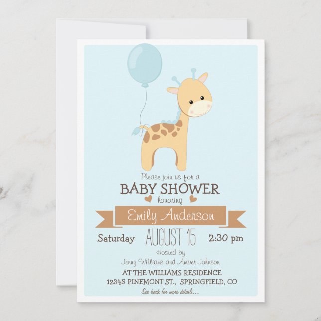 Invitación Cute Boy Giraffe, Jungle Zoo Animal Baby Shower (Anverso)
