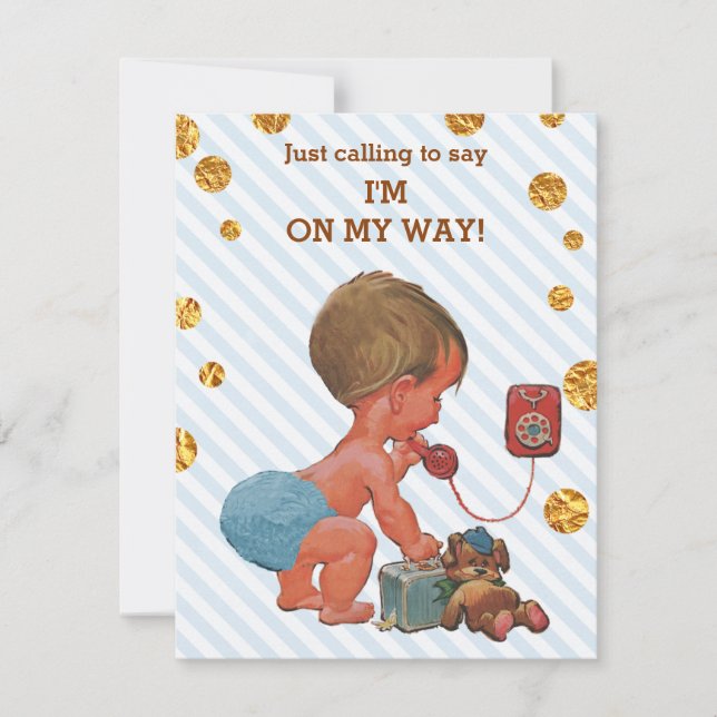 Invitación Cute Boy On Phone Stripes Gold Dots Baby Shower (Anverso)