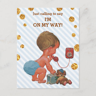 Invitación Cute Boy On Phone Stripes Gold Dots Baby Shower