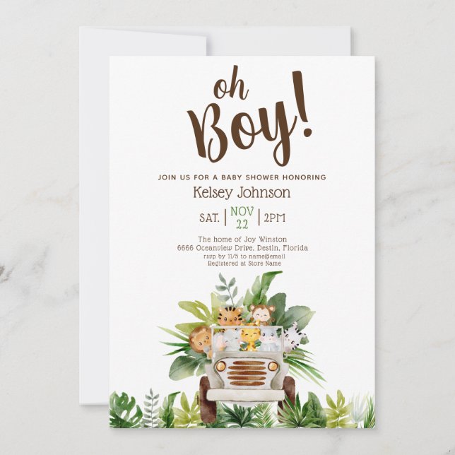 Invitación Cute Boy Safari Jungle Zoo Animales Baby Shower (Anverso)