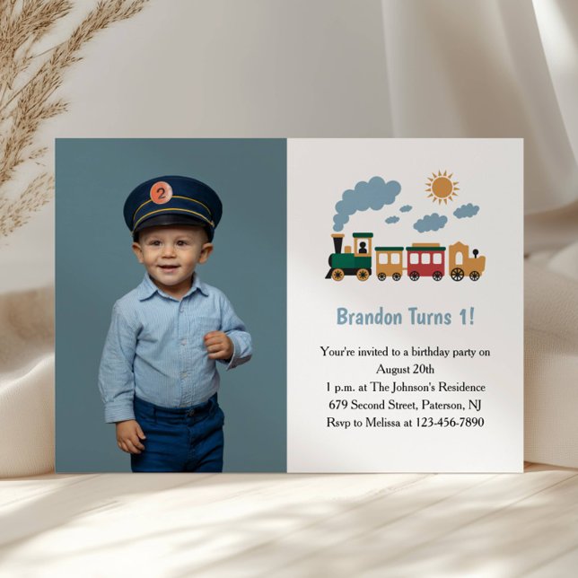 Invitación Cute Boy Train Photo Kids 1st Birthday Party (Subido por el creador)