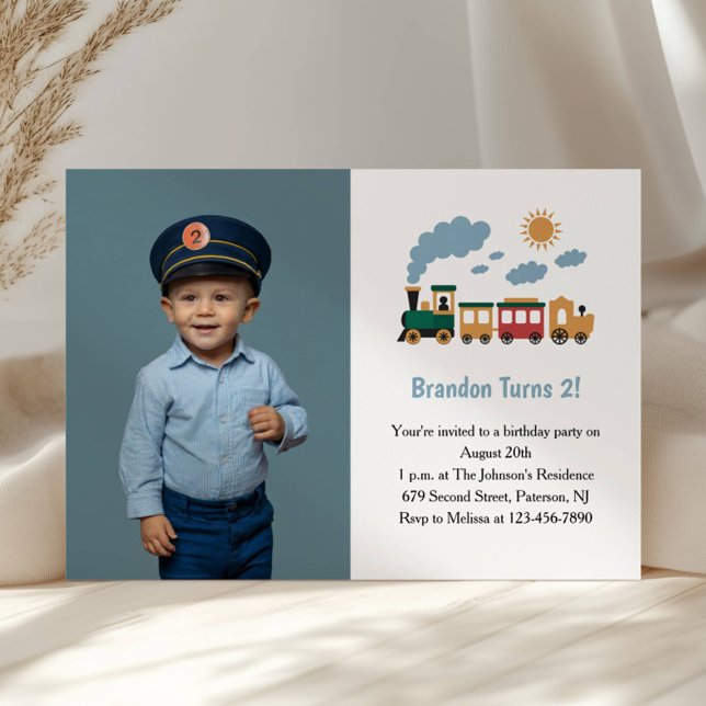 Invitación Cute Boy Train Photo Kids 2nd Birthday Party (Subido por el creador)