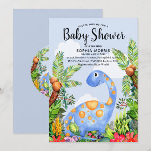 Invitación Cute Boy Watercolor Dinosaurio Baby Shower moderno