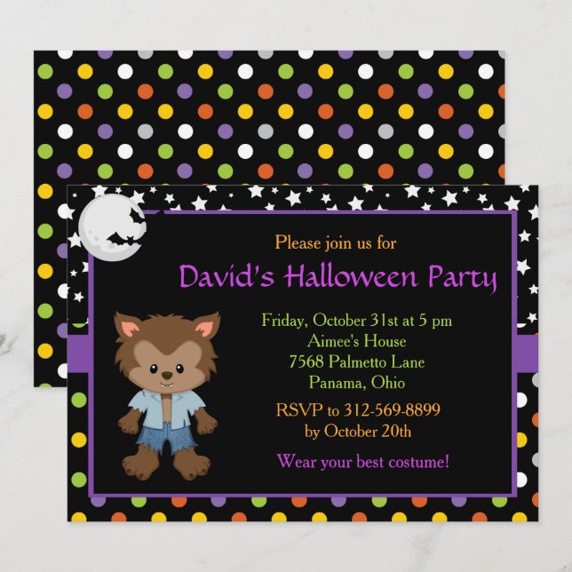 Invitación Cute Boy Werewolf Halloween Party (Anverso / Reverso)