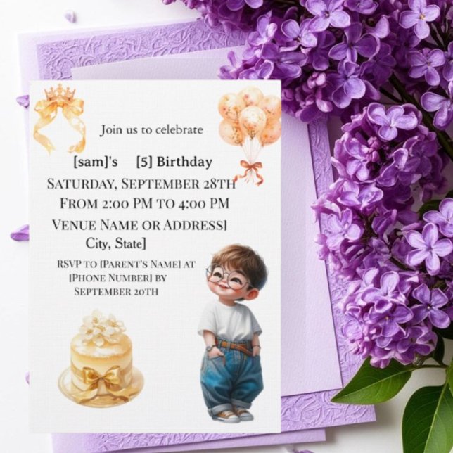 Invitación Cute Boy with Glasses 5th Birthday Party Invitatio (Subido por el creador)