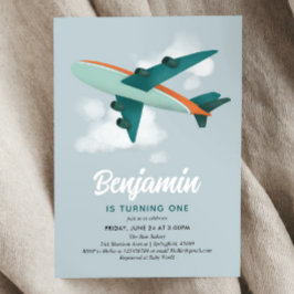 Invitación Cute Boys Blue Airplane Viaje 1er cumpleaños