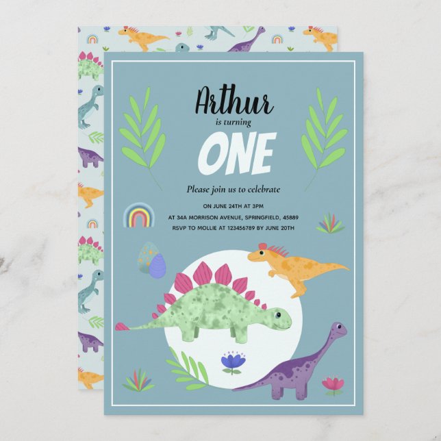 Invitación Cute Boys Blue T-Rex Dinosaur Jungle Primer cumple (Anverso / Reverso)