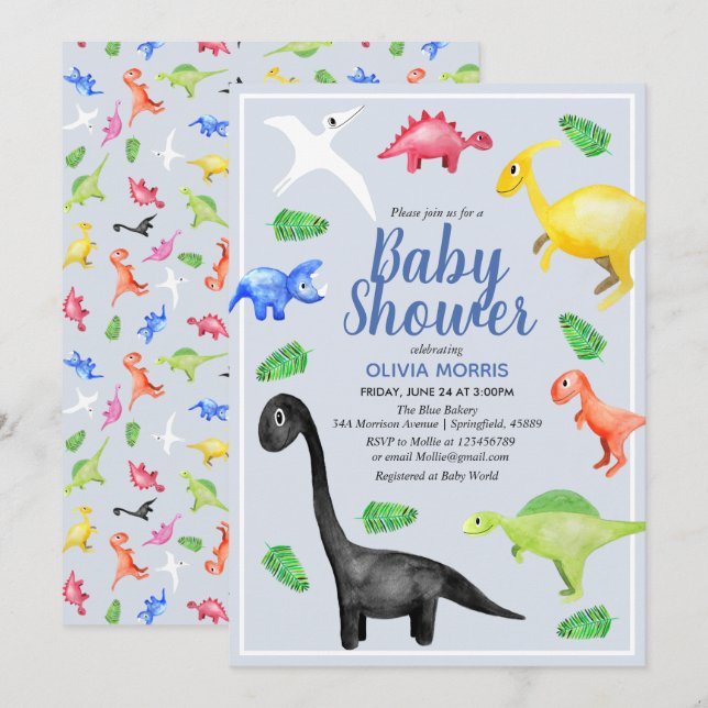 Invitación Cute Boys Blue Watercolor Dinosaur Baby Shower (Anverso / Reverso)