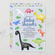 Cute Boys Blue Watercolor Dinosaur Baby Shower