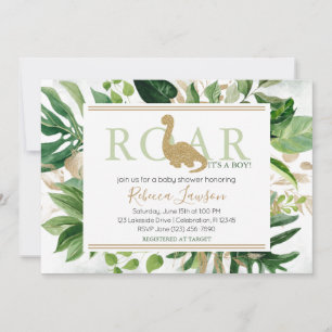 Invitación Cute Brontosaurus Dinosaur Baby Shower Verde Dorad