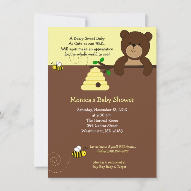 Invitación Cute Brown Bear and Honey Bee Baby Shower 4x6 (Anverso)