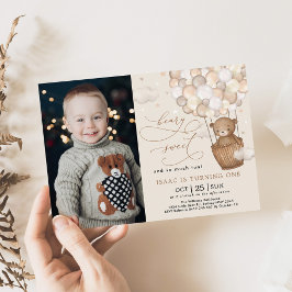 Invitación Cute Brown Bear Hot Air Balloon 1er Fiesta de cump