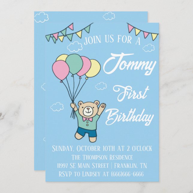 Invitación Cute Brown Bear Hot Air Balloon Boy Cumpleaños (Anverso / Reverso)