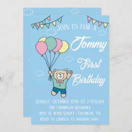 Invitación Cute Brown Bear Hot Air Balloon Boy Cumpleaños