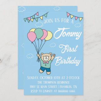 Invitación Cute Brown Bear Hot Air Balloon Boy Cumpleaños