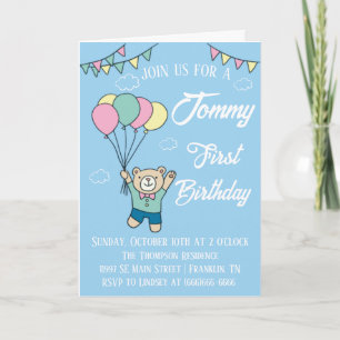 Invitación Cute Brown Bear Hot Air Balloon Boy Cumpleaños