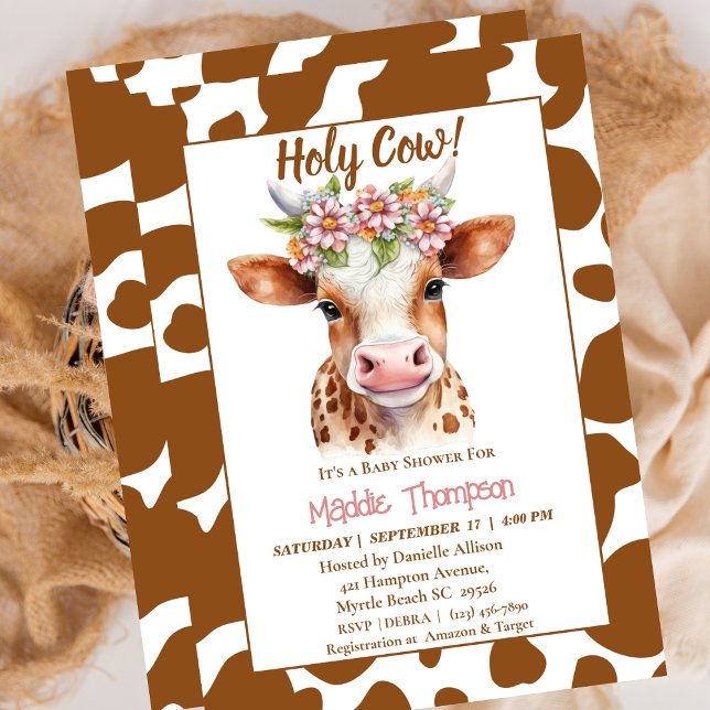 Invitación Cute Brown Cow Floral Farm Tema Baby Shower (Subido por el creador)